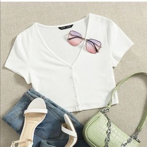 Shein white button up front crop tee